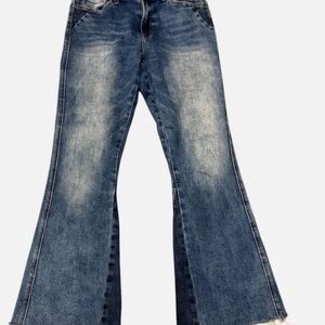 Altar'd State Women's Wide Leg Flare Denim Jeans Size 29 Distressed Hem Two Tone